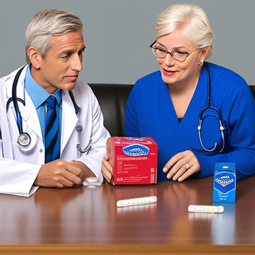 Un medico e un paziente discutono con una scatola di Viagra, Cialis e una boccetta di pillole generiche