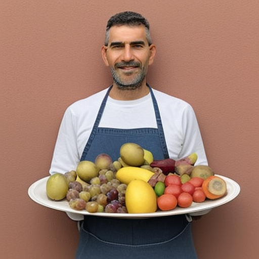 a-man-holding-a-plate-with-different-types-of-fruits-and-vegetables-with-the-words-alimentazione-e-