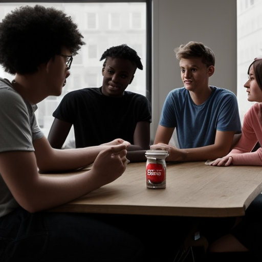 a-group-of-young-people-discussing-over-a-table-with-a-box-of-viagra-subtly-placed-in-the-foreground-